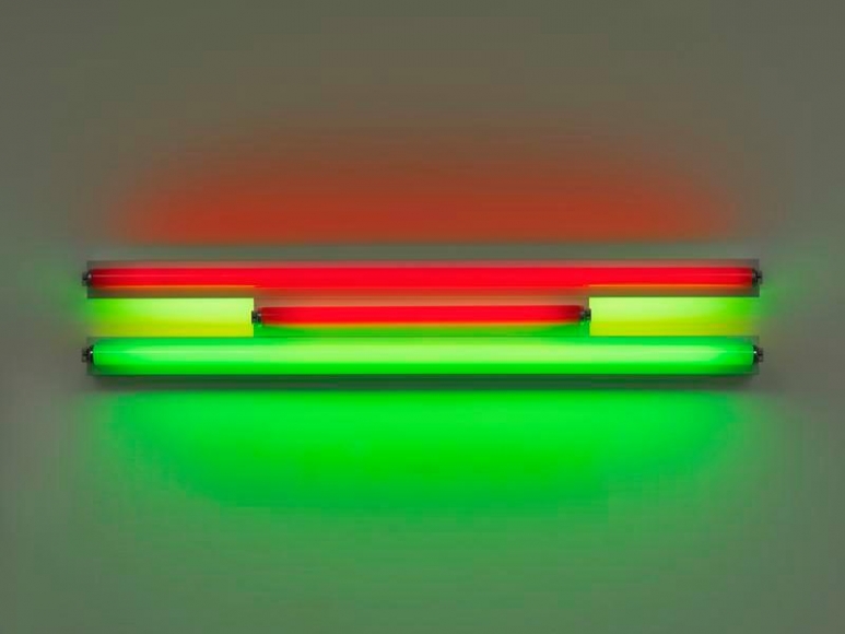 Dan Flavin. untitled, 1995. Red and green fluorescent light, 4 ft. (122 cm) wide. © 2018 Estate of Dan Flavin / Artists Rights Society (ARS), New York. Courtesy David Zwirner and PKM Gallery.