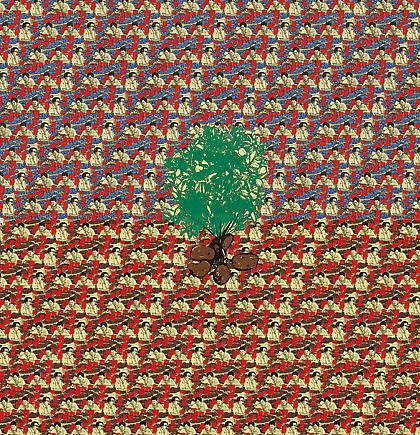 Thomas Bayrle. Kartoffelzähler (Tapete), 1968/2002. Silkscreen print on paper, mounted on canvas, 214 x 248 cm (made of 12 parts, 53.5 x 82.7 cm each). Courtesy of the artist & PKM Gallery.