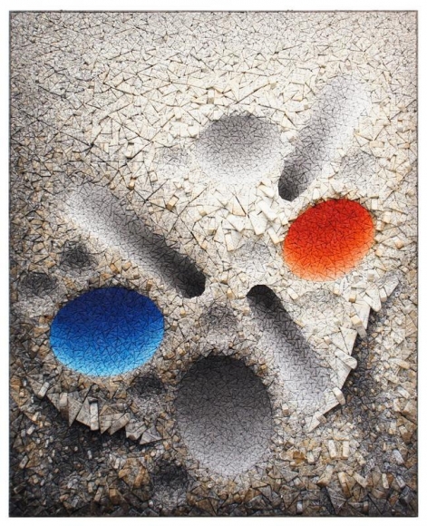 Kwang Young Chun. Aggregation08-D075Blue&Red, 2008, Mixed Media with Korean Mulberry paper, 163cm x 131cm. Courtesy of the artist & PKM Gallery.