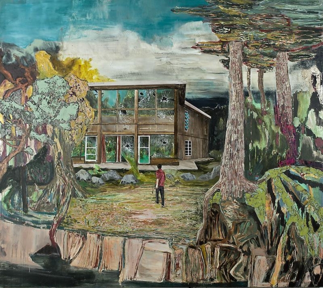 Hernan Bas. David & Goliath (de Kooning's studio, East Hampton NY), 2012. Acrylic, airbrush and silkscreen on linen, 243.8 x 274.3 cm. Courtesy of the artist & PKM Trinity Gallery.