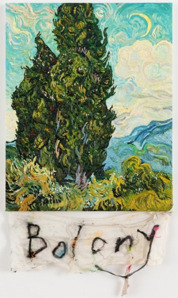 CODY CHOI. Episteme Sabotage-Bolony, 2014, Oil on canvas, cloth, thread, 86.3 x 48.2 cm. Courtesy of the artist & PKM Gallery.