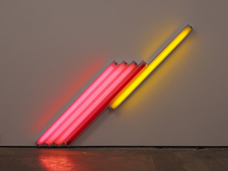Dan Flavin. untitled (for Frederika and Ian) 2, 1987. Pink, red, and yellow fluorescent light, 6 ft. (183 cm) long on the diagonal, © 2018 Estate of Dan Flavin / Artists Rights Society (ARS), New York. Courtesy David Zwirner and PKM Gallery.