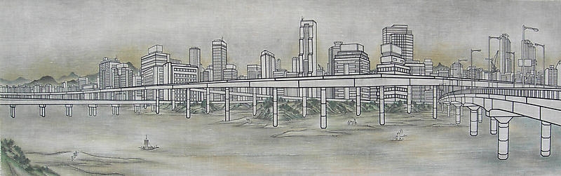 Bomin Kim. The Tan Stream, 2007. Tape, colors and Korean ink on linen, 190 x 60 cm. Courtesy of the artist & PKM Gallery.