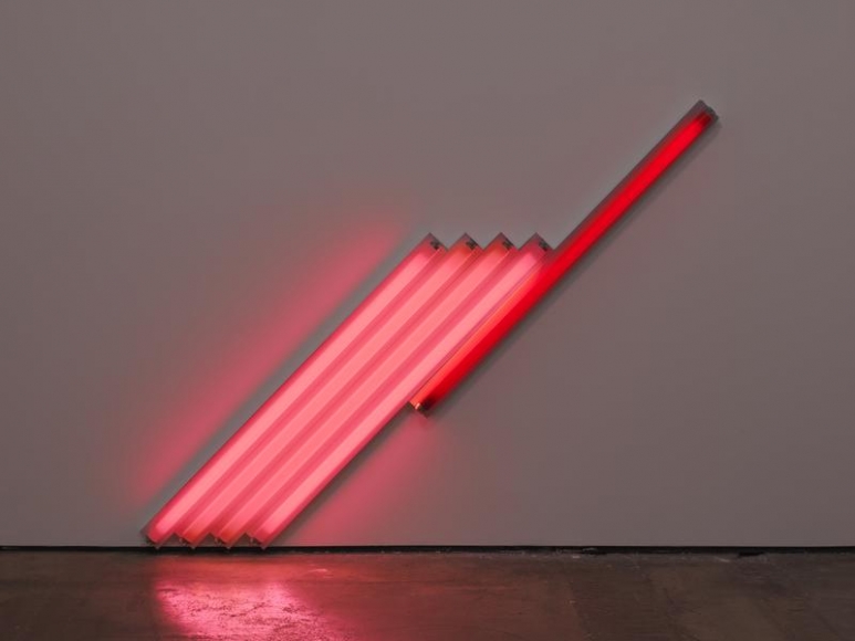 Dan Flavin. untitled (for Frederika and Ian) 1, 1987. Pink and red fluorescent light, 6 ft. (183 cm) long on the diagonal, © 2018 Estate of Dan Flavin / Artists Rights Society (ARS), New York. Courtesy David Zwirner and PKM Gallery.