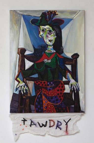 Cody Choi. Episteme Sabotage_Tawdry, 2014. Oil on canvas, cloth, thread, 81.2 x 48.2 cm. Courtesy of the artist and PKM Gallery.