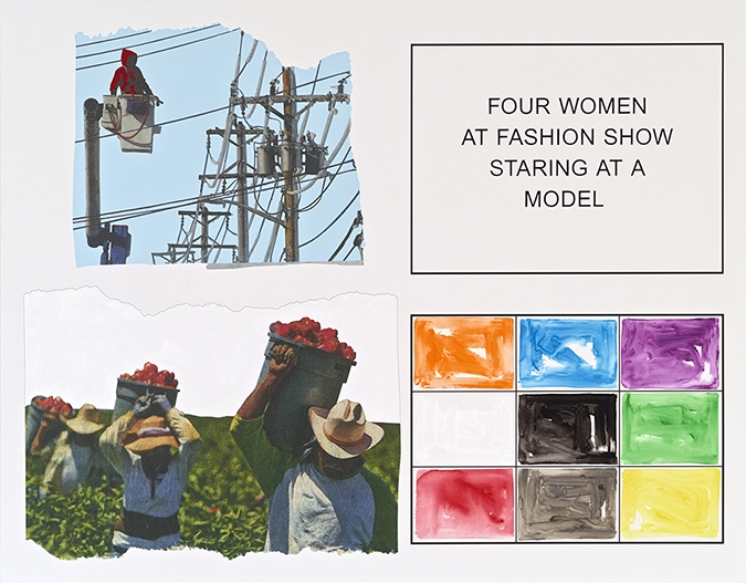 John Baldessari. Storyboard (In 4 Parts): Four Woman At Fashion Show Staring At A Model, 2013. Varnished inkjet print on canvas with acrylic and oil paint, 193 x 246.7 cm. Courtesy Marian Goodman Gallery, New York.