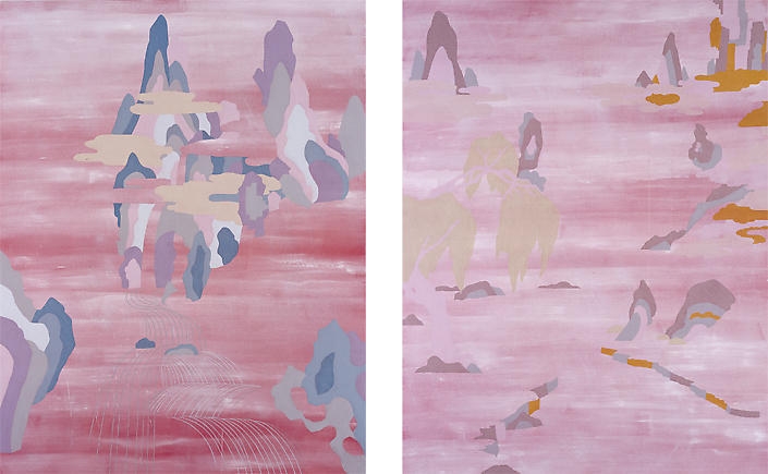 Sunny Kim. Weeping Willow & Rocks and Clouds, 2005. Acrylic on canvas, 180 x 140 cm each. Courtesy of the artist & PKM Gallery.