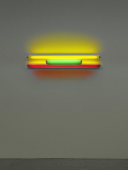 Dan Flavin. untitled, 1995. Yellow, green, and red fluorescent light, 4 ft. (122 cm) wide, © 2018 Estate of Dan Flavin / Artists Rights Society (ARS), New York. Courtesy David Zwirner and PKM Gallery.