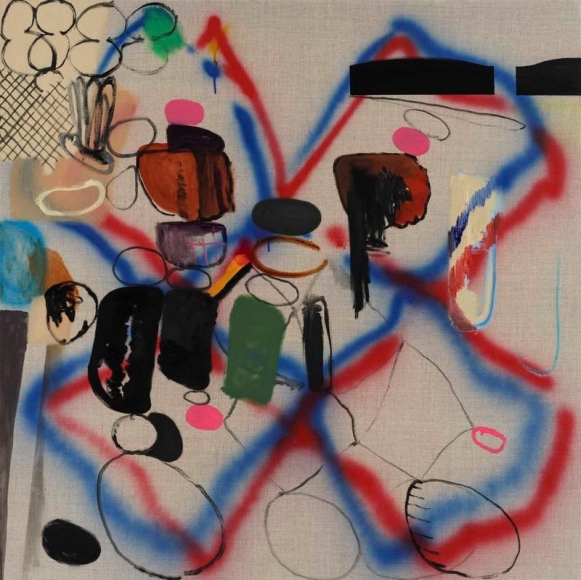 Bek Hyunjin. 철거001 Demolition001, 2018. Oil, enamel spray on linen, 93 x 93 cm. Courtesy of the artist & PKM Gallery.