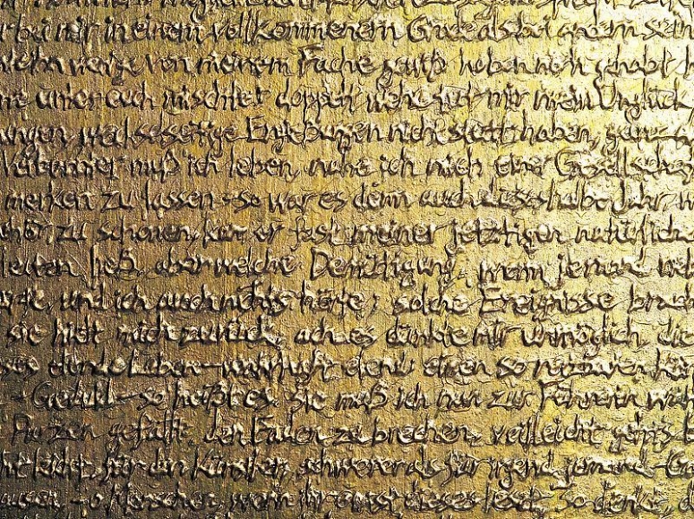 Bae Young-whan. The Will became Gold (Beethoven's Heiligenstadt Testament) (detail), 2013. Glue and gold on abandoned wooden panel, 80 x 121.5 cm.