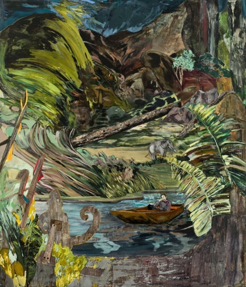 Hernan Bas. A brief suspension of disbelief (amusement park jungle cruise), 2012. Acrylic, silkscreen and block print on linen, 213.4 x 182.9 cm. Courtesy of the artist & PKM Trinity Gallery.