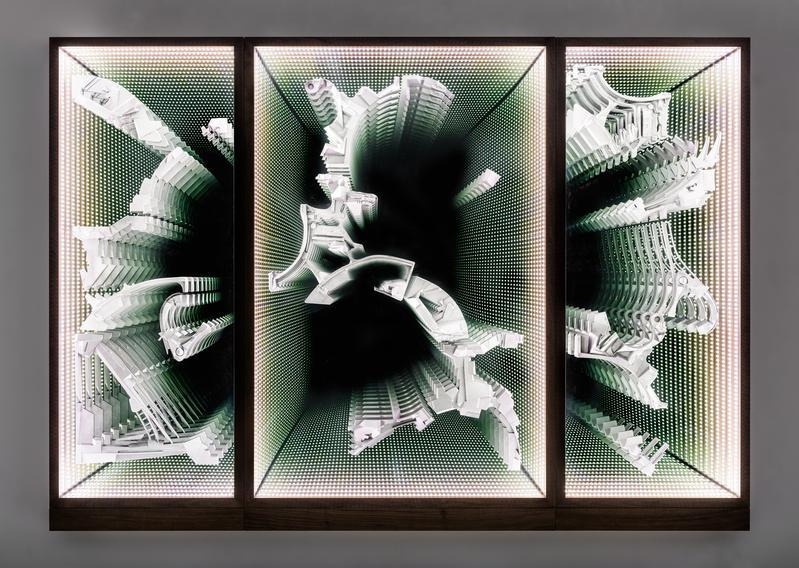 Lee Bul. Untitled ("Infinity wall"), 2019, Wood, two-way glass mirror, glass mirror, LED, aluminum, cast polyurethane and acrylic paint Triptych, 190 x 270 x 17.5 cm. Courtesy of the Artist & PKM Gallery.