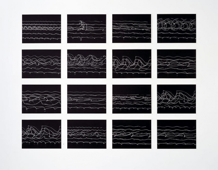 Olafur Eliasson. Pedestrian vibes study (Ed. 18), 2004. 16 black and white photogravure, Each image 35 x 45.8 cm, overall approx. 145 x 18 5cm. Courtesy of the artist & PKM Gallery.