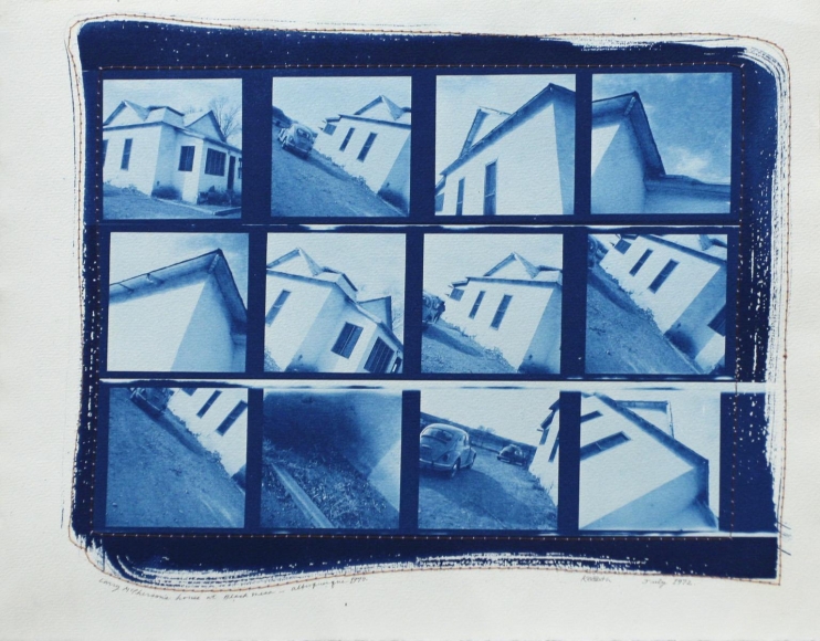 Larry McPherson's House at Black Mesa - Albuquerque, 1970, Cyanotype with stitched paper border, 10 x 13 inches
