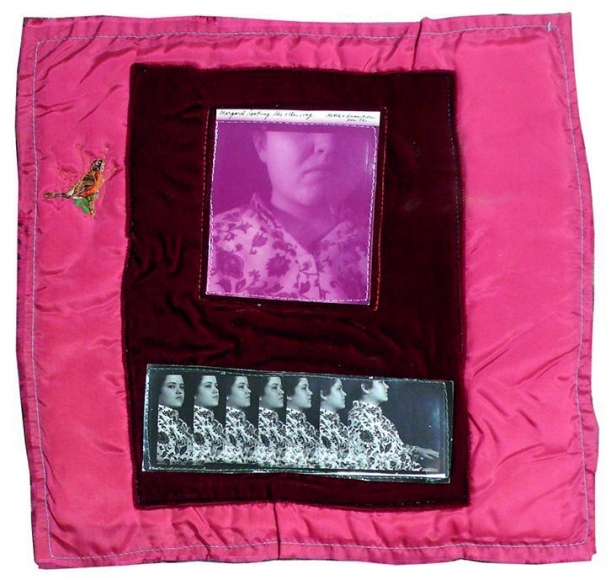 Margaret Looking the Other Way, 1972, Gelatin silver prints machine-sewn to cloth, 14 x 14 inches