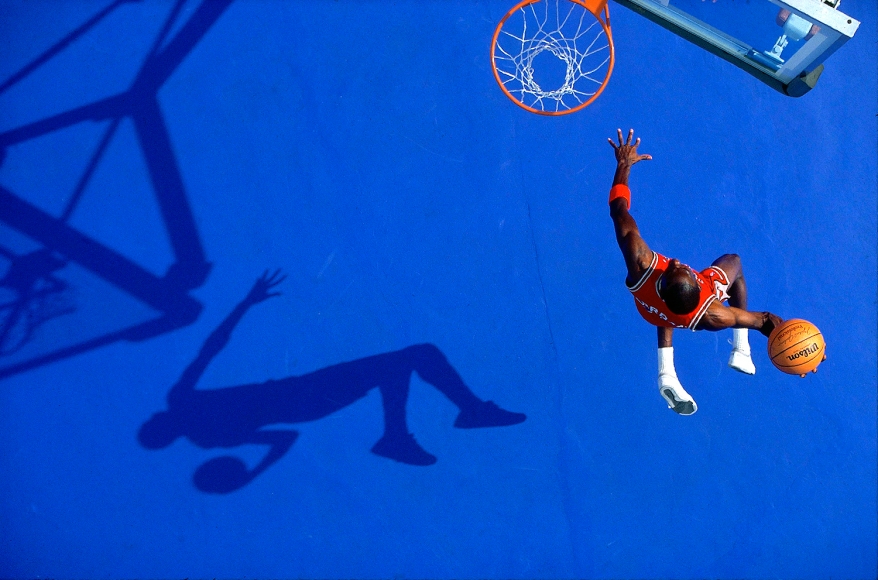 Walter Iooss, Jr. -
The Blue Dunk, Michael Jordon, Lisle, IL, 1987 | Bruce Silverstein Gallery