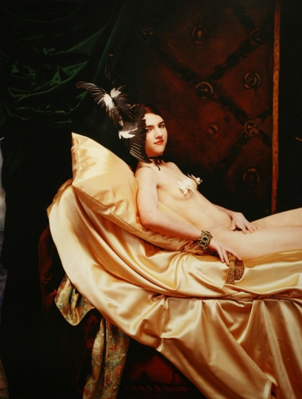 Joel-Peter Witkin - 'The History of Hats In Art' for the New York Times, Manet, Alexander McQueen feather hat, 2006 Chromogenic print. 23 5/8 x 17 inches ; Bruce Silverstein Gallery