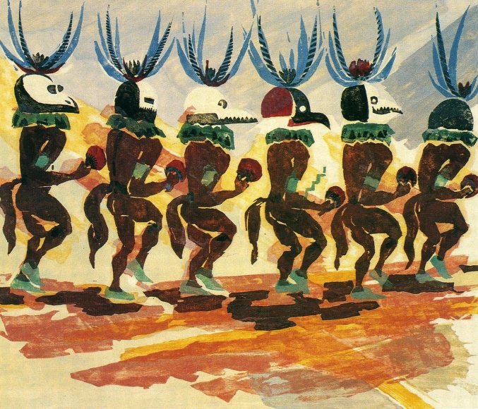 Rain Dancers, 1931, Colored woodcut. 14 5/8 x 17 3/8 inches