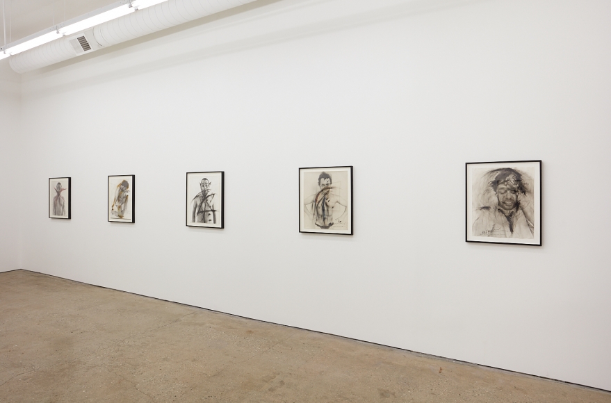 Installation View of "Schrei", "Body-Pose", "Siegel Sagel….", "Eine phantastische Erinnerung…..", "Stein im Hirn, Leben auf der Stirn (Face Farces)" Angled View
