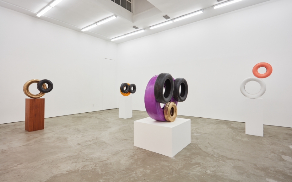 Installation View of "American Moses" by Jon Pylypchuk 2018, of sculptures made of tires on plinths