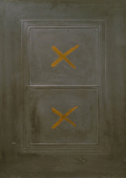 Eric Orr Lead Window Gold X, 1979 Embossed lead relief on wood backing, ed. 25