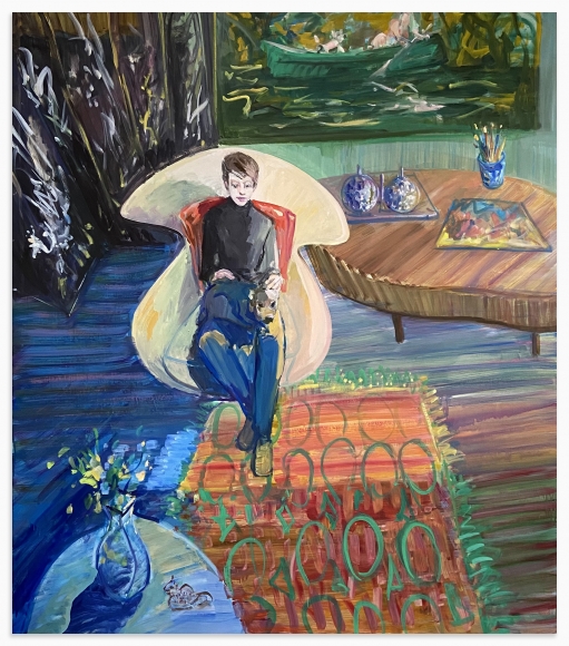DEBORAH BROWN Self-Portrait with Zeus and Peacock Screen, 2020