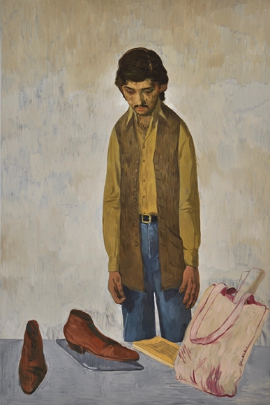 Salman Toor Man with Tote Bag and Laptop