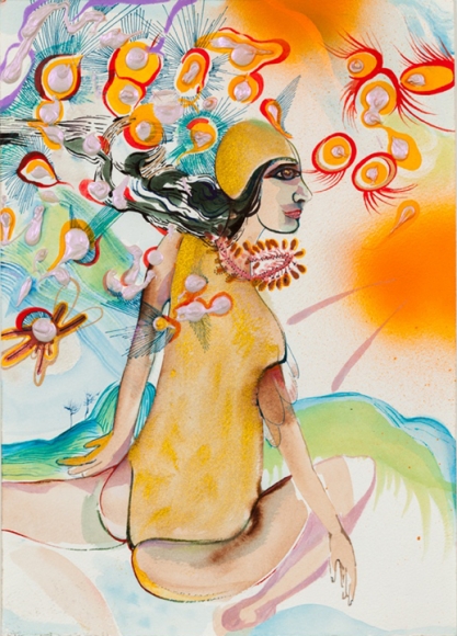 Rina Banerjee, Where I came from was water and salt and this is where I will go with bangles to tackle my human opponents and tangles of hair that snaked out of air her tongue and yours will know when to play with water, mountain and or air this no human laws shall come to rule