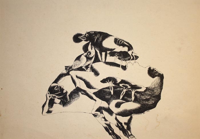 Laxma Goud UNTITLED (MAN AND BEAST INTERTWINED)