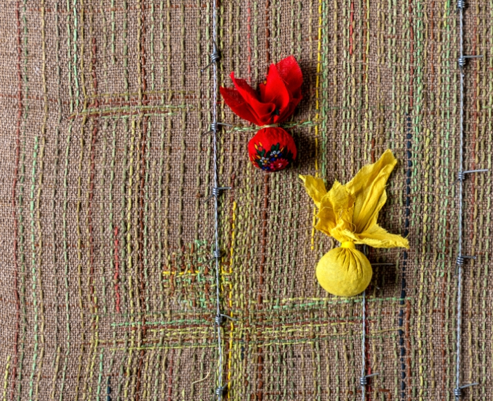 Shehnaz IsmailWhat have they done to my land? (detail)2018Natural dyes hand woven fabric embroidered with natural dyed yarn, lentils and Tulsi seeds. Steel barbed wire