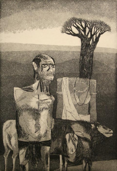Laxma Goud, Untitled (Man with Goats Near Tree)