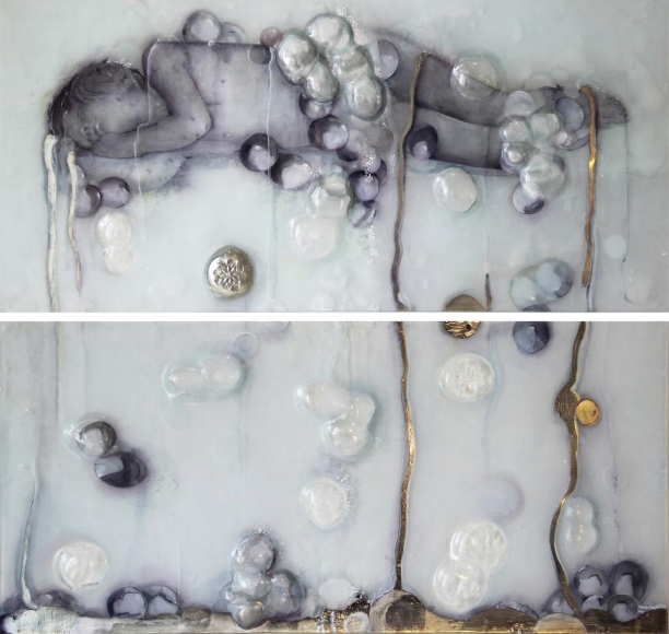 Dew II slumped, engraved, painted, mirrored glass and paper