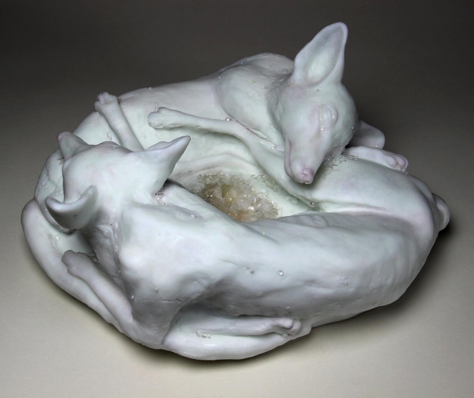 Urban Foxes kiln cast glass, pigments, crystal inlay