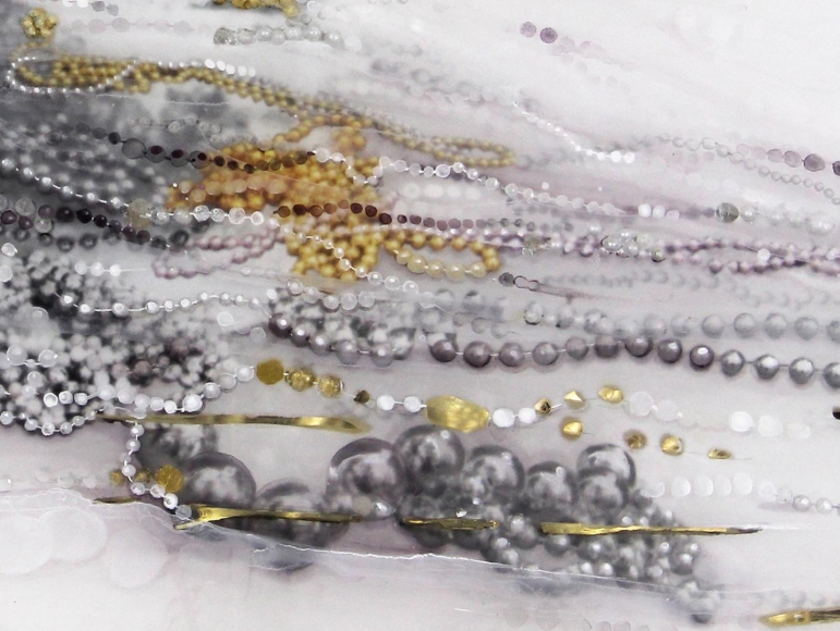 Orpheus, (Detail) carved, painted and mirrored acrylic glass, silver and gold leaf