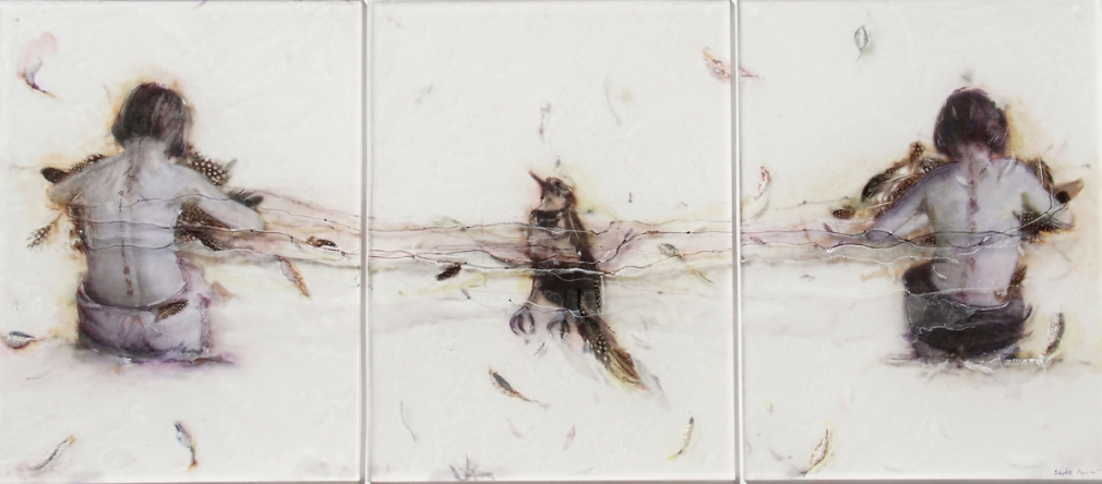 Making Birds carved, engraved, silvered and painted plexiglass, feathers, paper