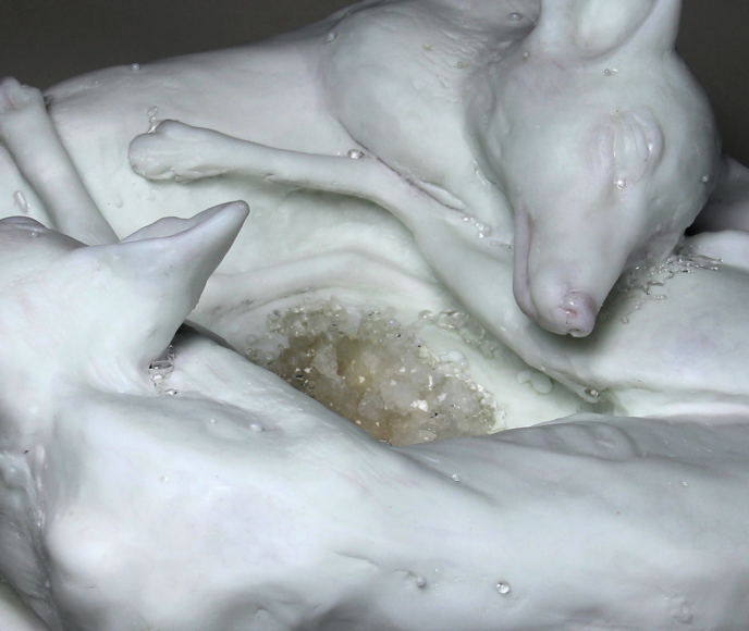 Urban Foxes kiln cast glass, pigments, crystal inlay