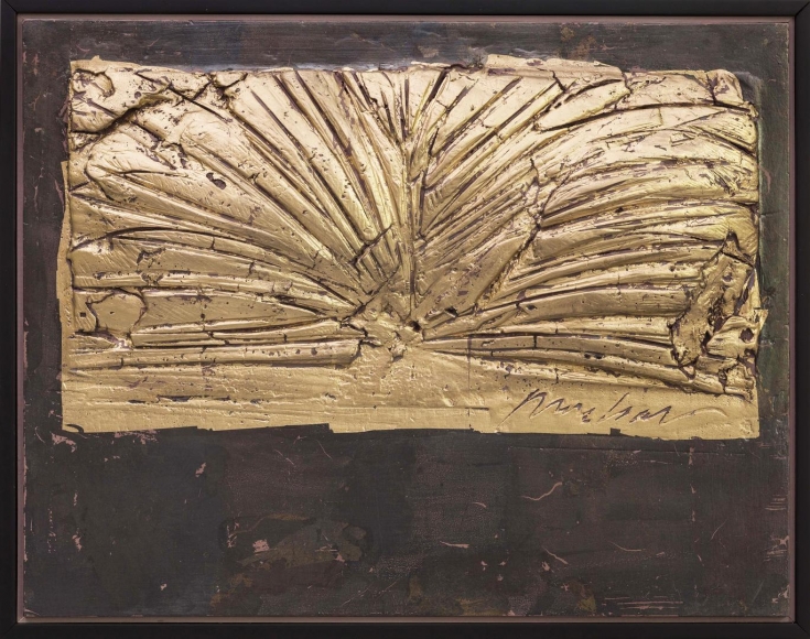 Teche moon gold and Asian leaf over mauve and black clay