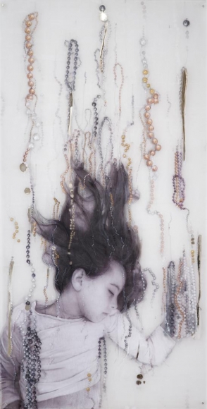 Sophie carved, painted, and mirrored acrylic glass, silver and gold leaf applications, paper and photograph