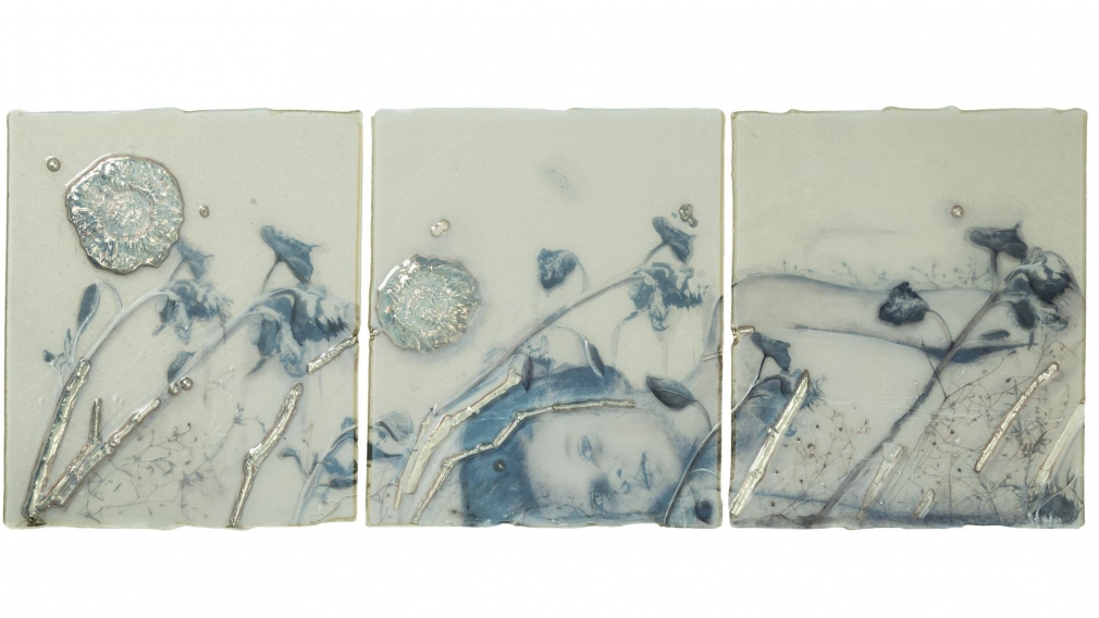 Silver Flowers kiln formed, engraved, painted and silvered color shifting glass, paper