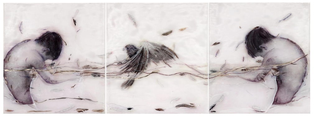 Holding Birds carved, engraved, silvered and painted plexiglass, feathers, paper