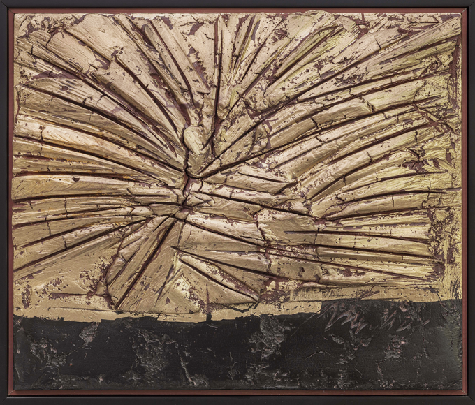 Maurepas moon gold leaf over black and mauve clay with die keen