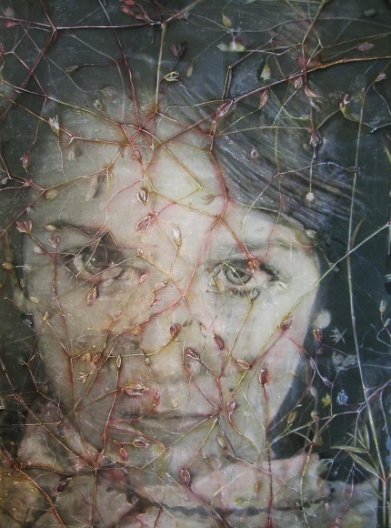 Liana phototransfer on engraved, painted plexiglass