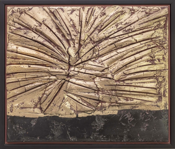 Maurepas moon gold leaf over black and mauve clay with die keen