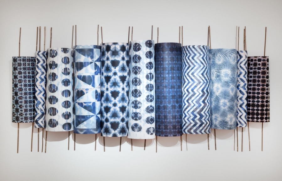 Saturate relief printing on hand folded and dyed Japanese paper, bamboo