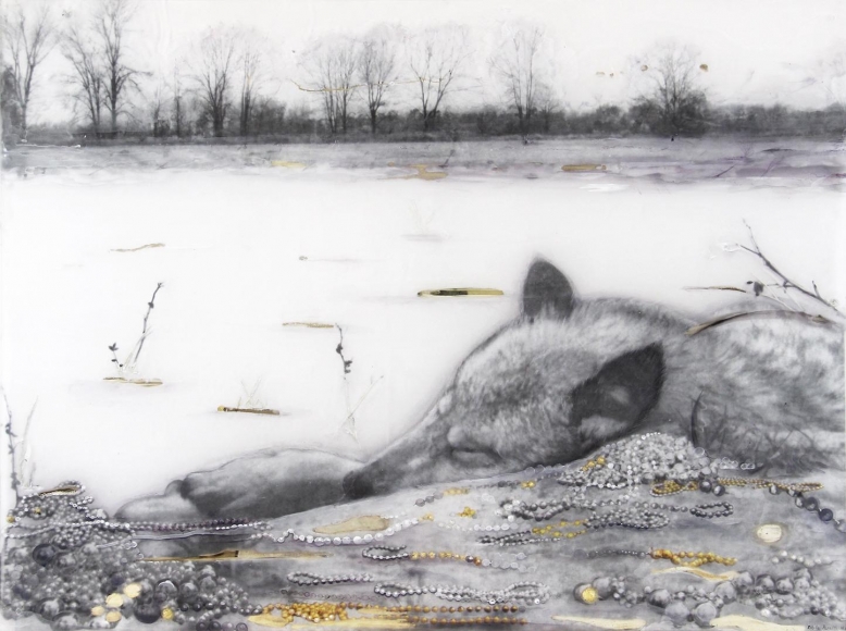 Coyotito carved, painted and mirrored acrylic glass, silver and gold leaf, paper, photograph