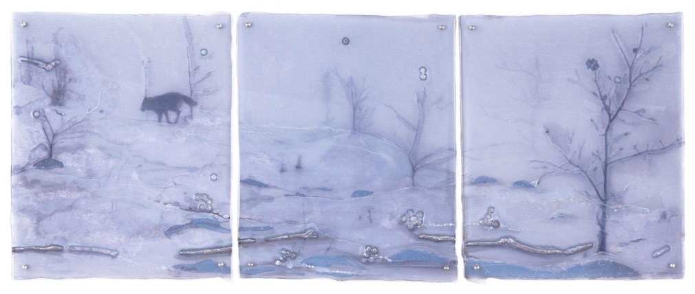 Wintering kiln formed, engraved, painted, and mirrored color shifting glass, paper