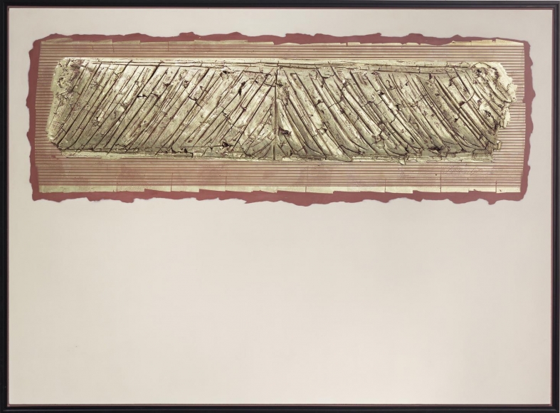 Narcisse mauve and off white clay with 16 karat pale gold leaf over die keen