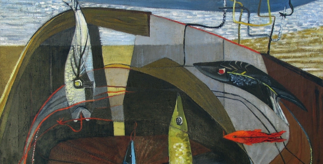 Virginia Banks oil painting titled "Basket of Line and Bait" from 1949.
