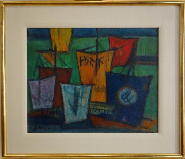 Marcel Janco Israeli Artist Untitled with Ships Oil on Board Signed