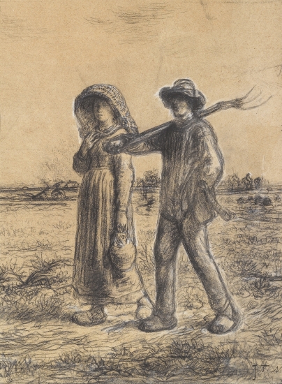 Jean-Francois Millet Le Départ pour Les Champs, 1863 Conte on paper 17 1/4 x 11 3/4 inches